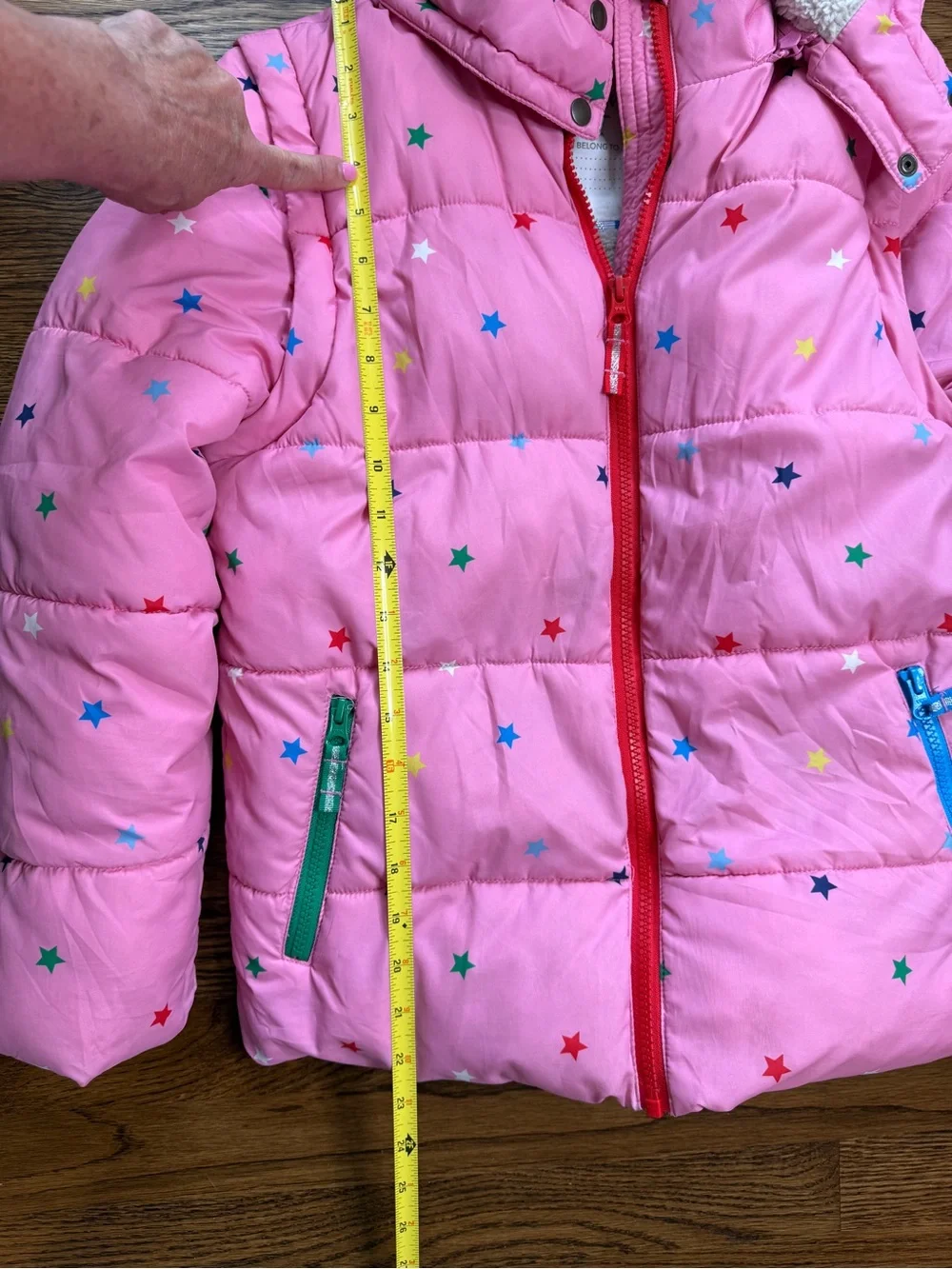 Mini Boden Girls Pink Multicolor Star Print 2-in-1 Puffer Jacket w/ Hood 11-12